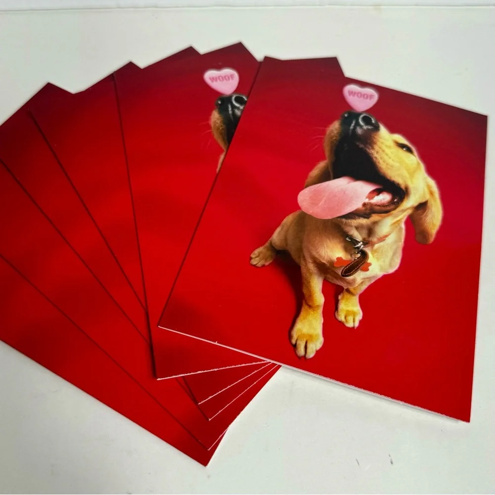 6 Avanti Greeting cards- dog balancing woof pink candy on nose. Valentines Day
